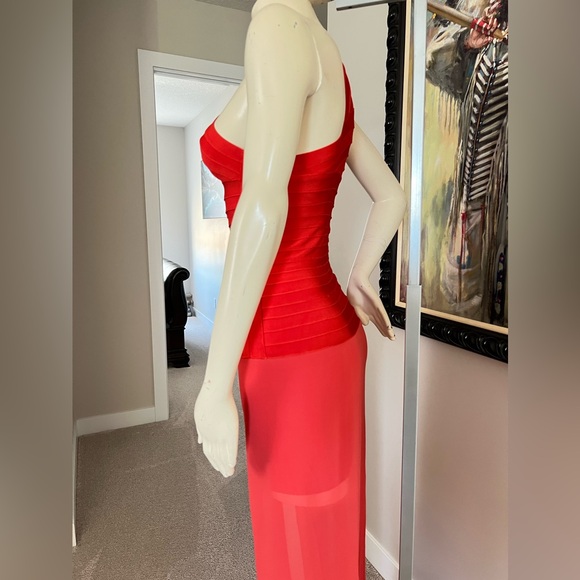 Herve Leger One-Shoulder Rose Gown in Coral Poppy Long Dress - Picture 8 of 10